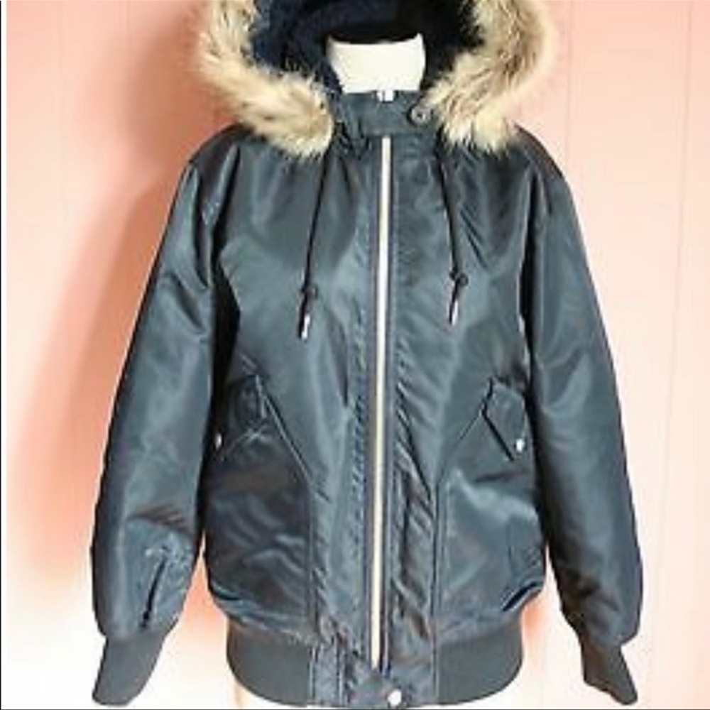 J. Crew Nylon Hooded Bomber Jacket w/Faux Fur